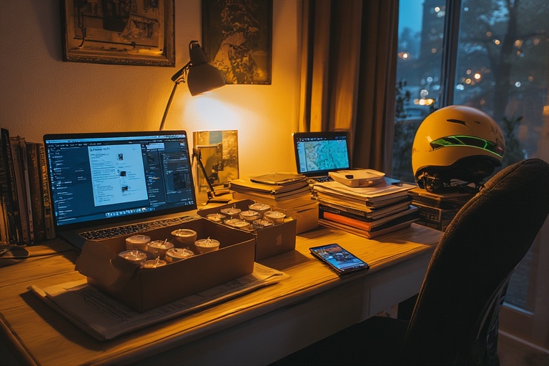 Student sits at a desk using a laptop, surrounded by shipping boxes, a smartphone, and a coffee mug in a bright room with shelves of merchandise and a window showing greenery outside. The environment feels energetic and entrepreneurial, highlighting the print-on-demand and e-commerce side hustle.